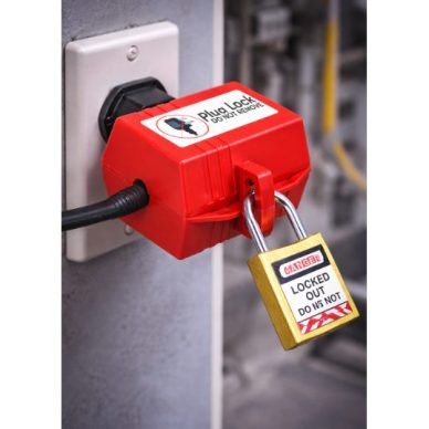 Electrical plug lockout box | LOTO safety device | universal | with padlock fixing | 91x88x65 mm | red 2 Electrical plug lockout box | LOTO safety device | universal | with padlock fixing | 91x88x65 mm | red 2